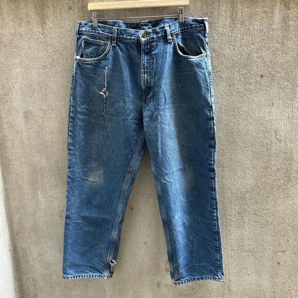 Carhartt Jeans Carpenter Denim Distressed Relaxed Fit Flannel Lined Blue Size 38 - Picture 1 of 5